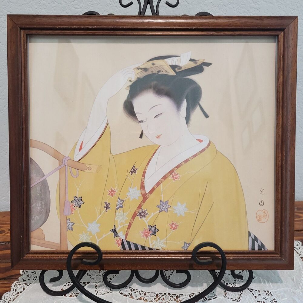 Vtg Japanese Japan Geisha Woman 10.5" X 12" Print Framed Art Mid Century Signed